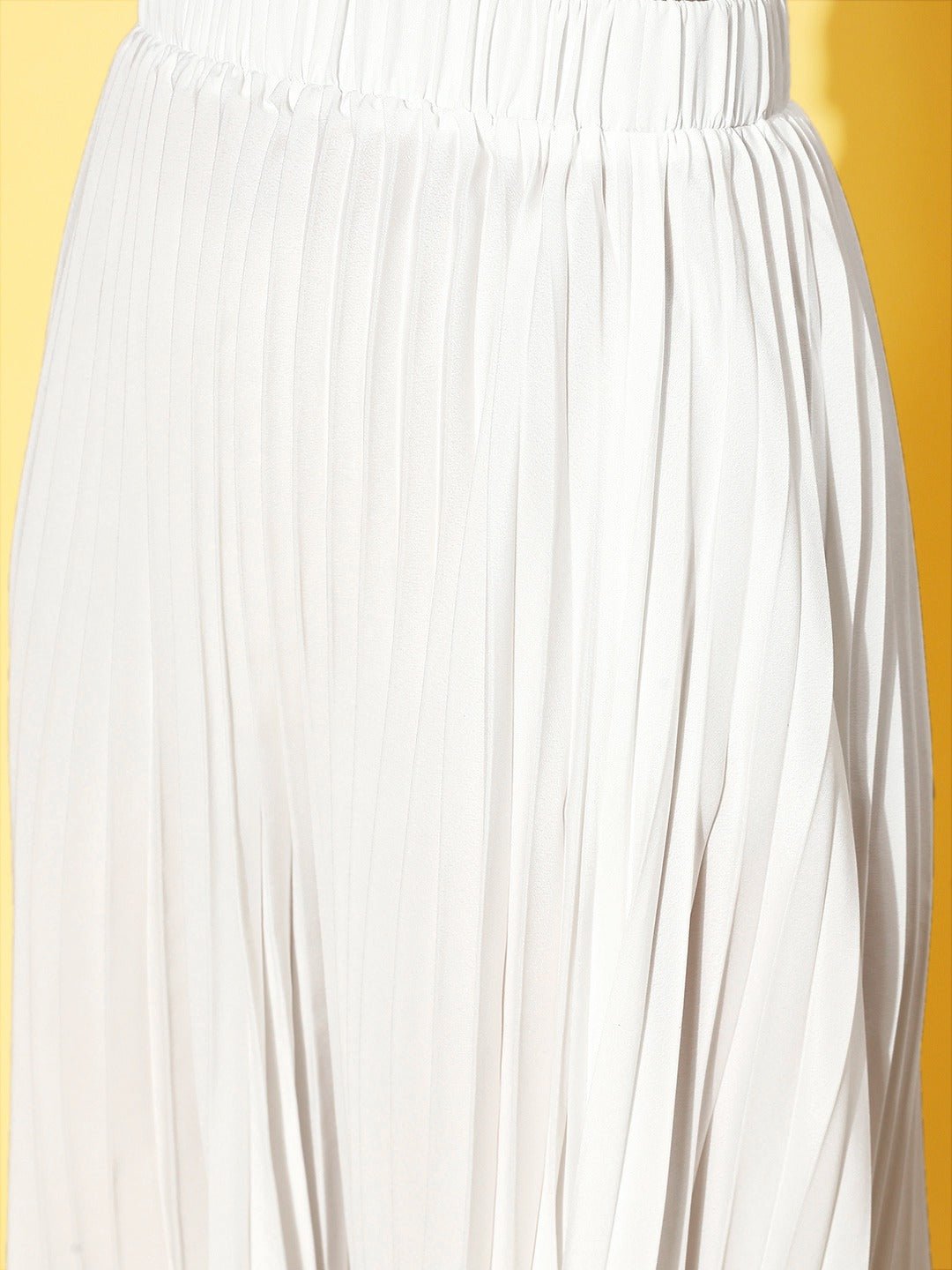 Folk Republic Women Solid Off-White Accordion Pleated Slip-On Waist Crepe Flared A-Line Midi Skirt - #folk republic#