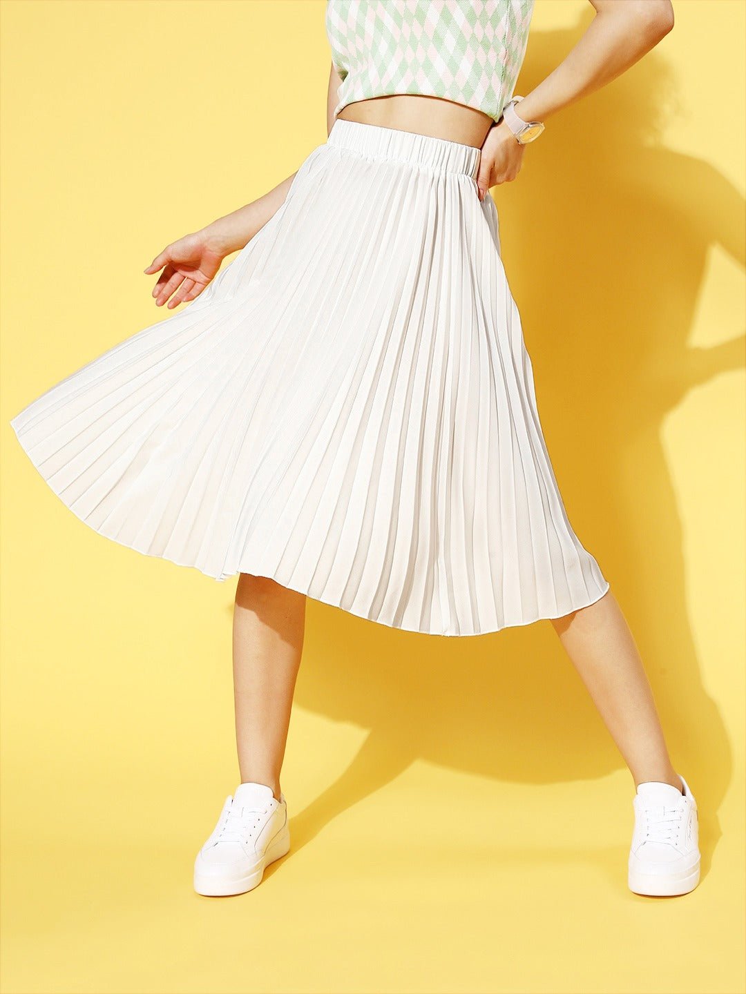 Folk Republic Women Solid Off-White Accordion Pleated Slip-On Waist Crepe Flared A-Line Midi Skirt - #folk republic#
