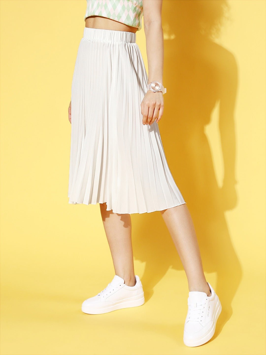 Folk Republic Women Solid Off-White Accordion Pleated Slip-On Waist Crepe Flared A-Line Midi Skirt - #folk republic#
