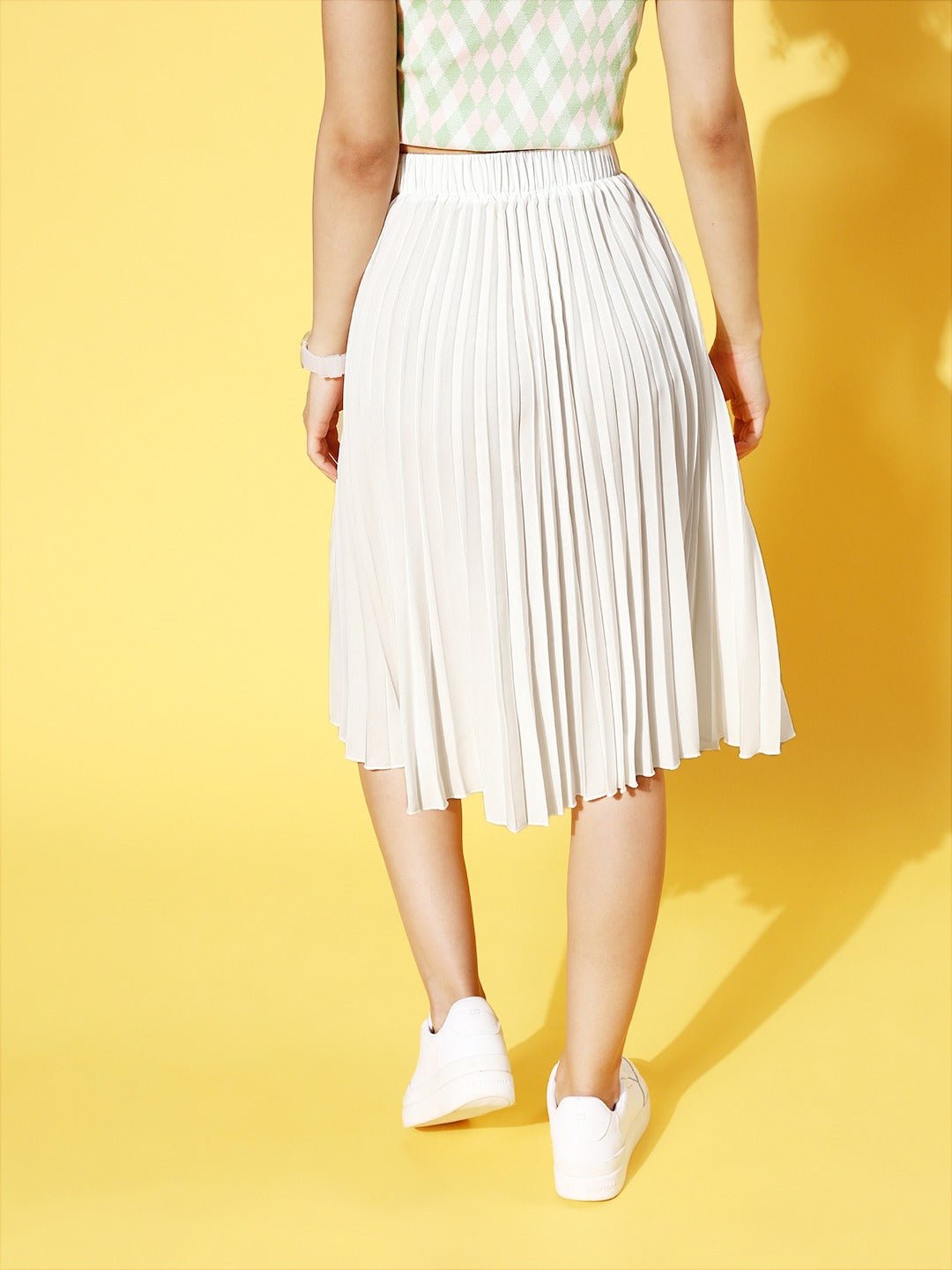 Folk Republic Women Solid Off-White Accordion Pleated Slip-On Waist Crepe Flared A-Line Midi Skirt - #folk republic#