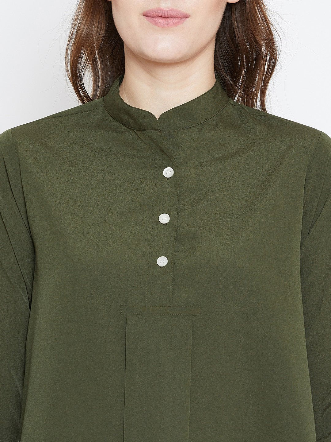 Folk Republic Women Solid Olive Green Mandarin Collar High-Low Longline Top - #folk republic#