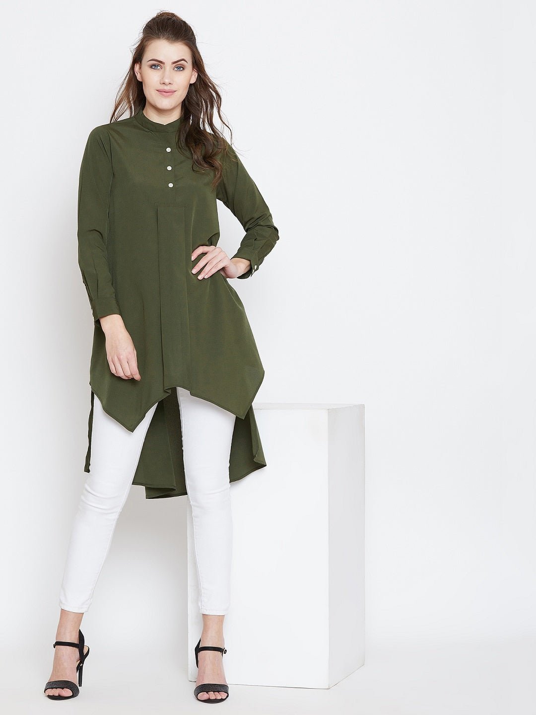 Folk Republic Women Solid Olive Green Mandarin Collar High-Low Longline Top - #folk republic#