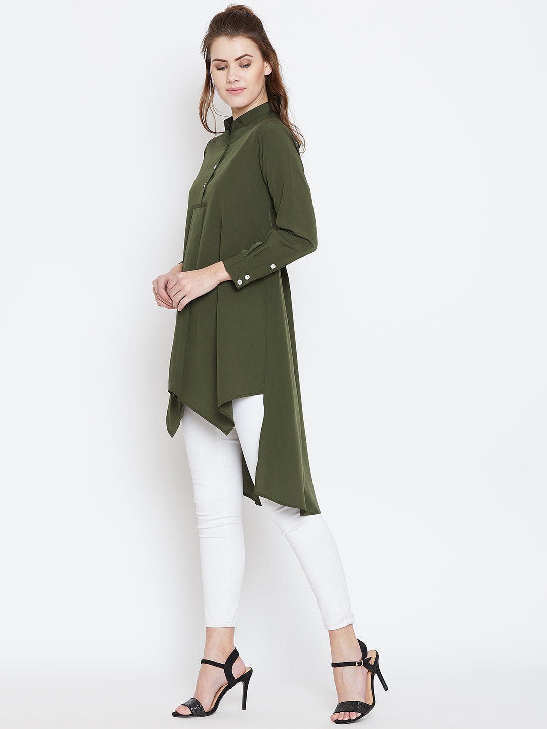 Folk Republic Women Solid Olive Green Mandarin Collar High-Low Longline Top - #folk republic#