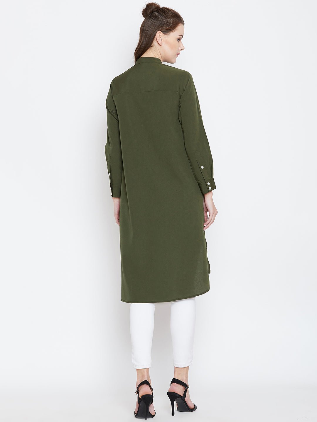 Folk Republic Women Solid Olive Green Mandarin Collar High-Low Longline Top - #folk republic#