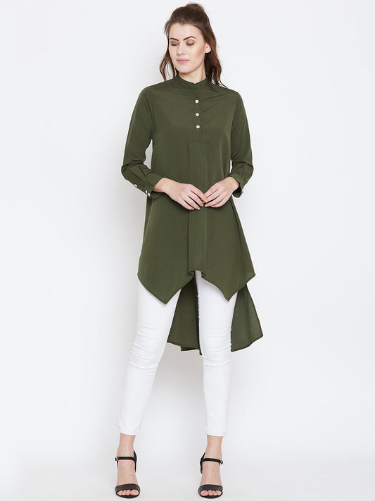 Folk Republic Women Solid Olive Green Mandarin Collar High-Low Longline Top - #folk republic#