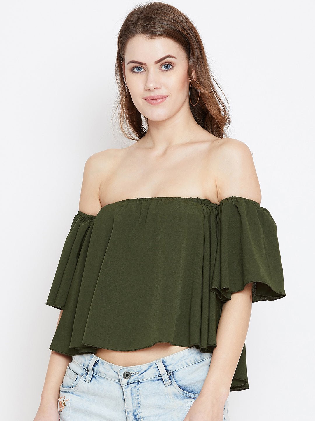 Folk Republic Women Solid Olive Green Off-Shoulder Neck Ruffled Crop Bardot Top - #folk republic#