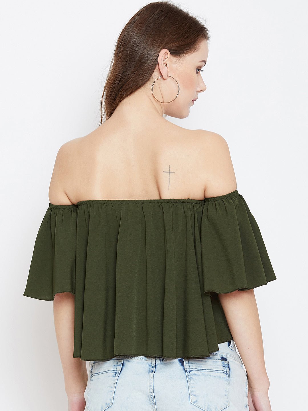 Folk Republic Women Solid Olive Green Off-Shoulder Neck Ruffled Crop Bardot Top - #folk republic#
