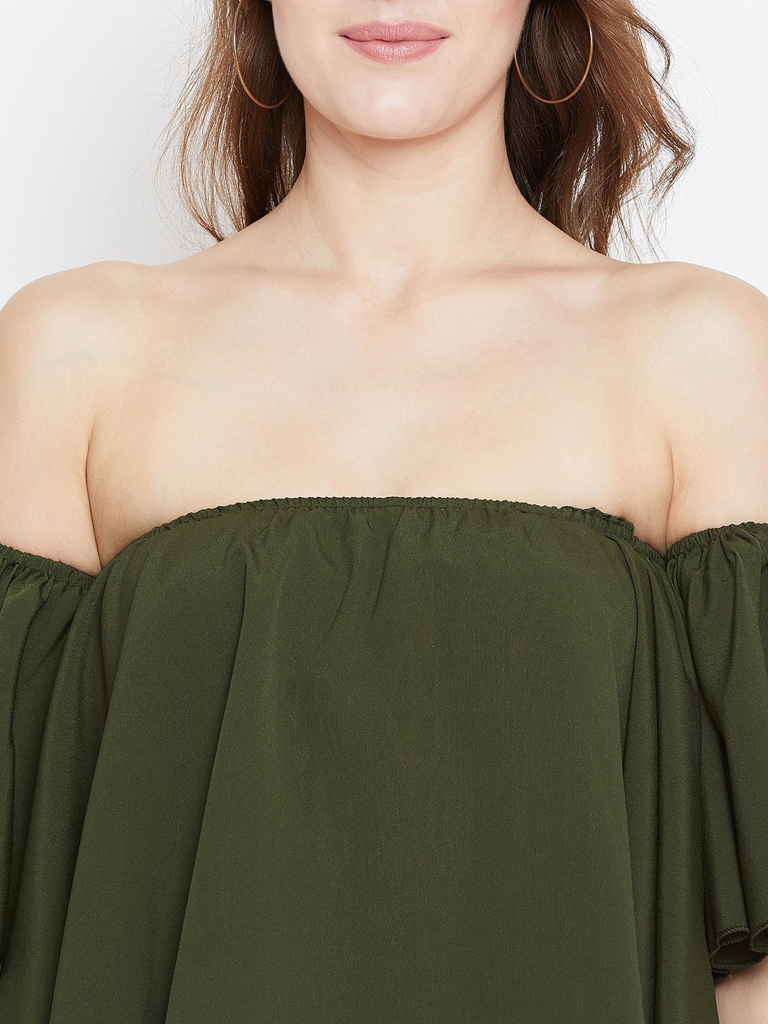 Folk Republic Women Solid Olive Green Off-Shoulder Neck Ruffled Crop Bardot Top - #folk republic#