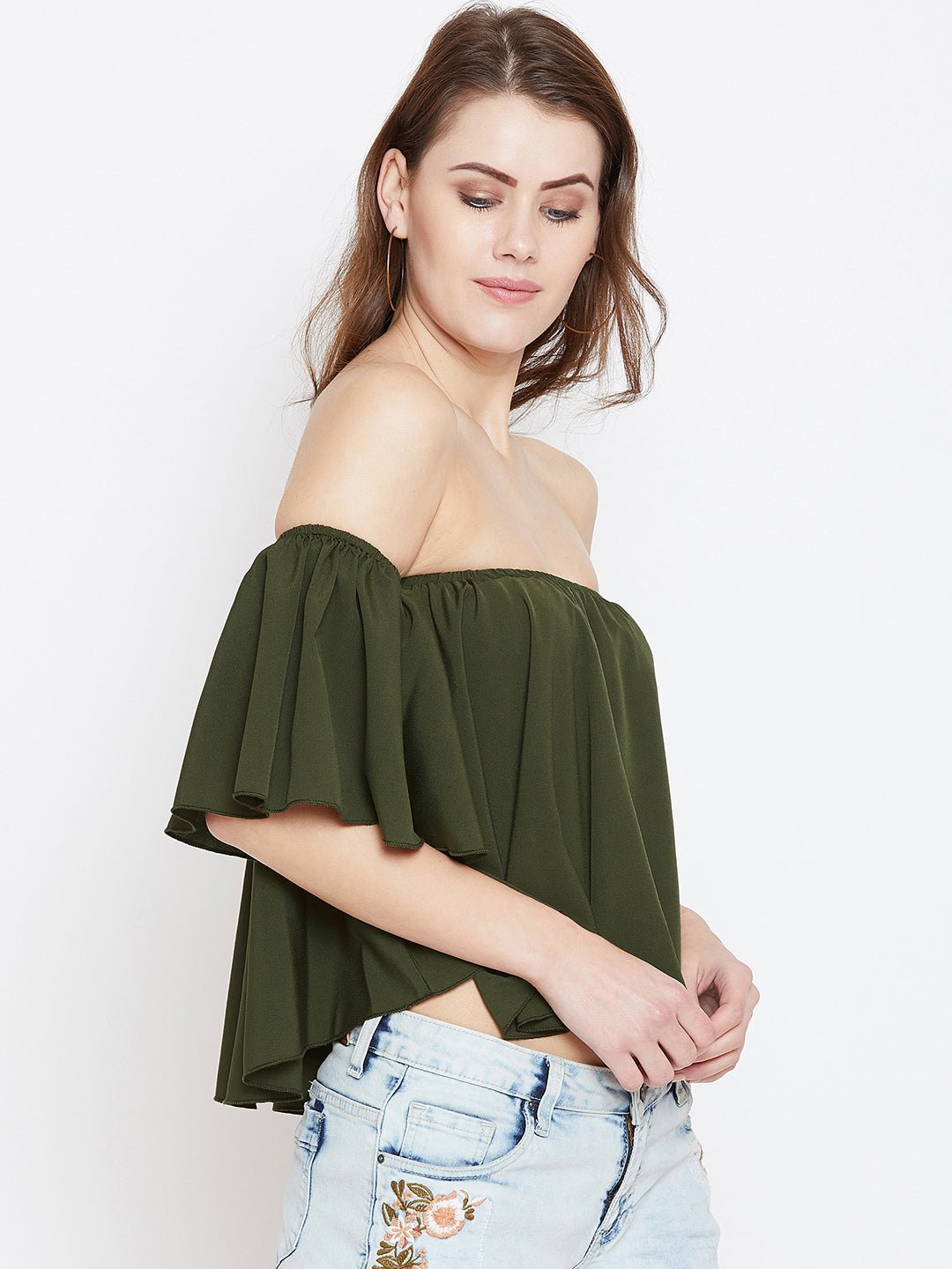 Folk Republic Women Solid Olive Green Off-Shoulder Neck Ruffled Crop Bardot Top - #folk republic#