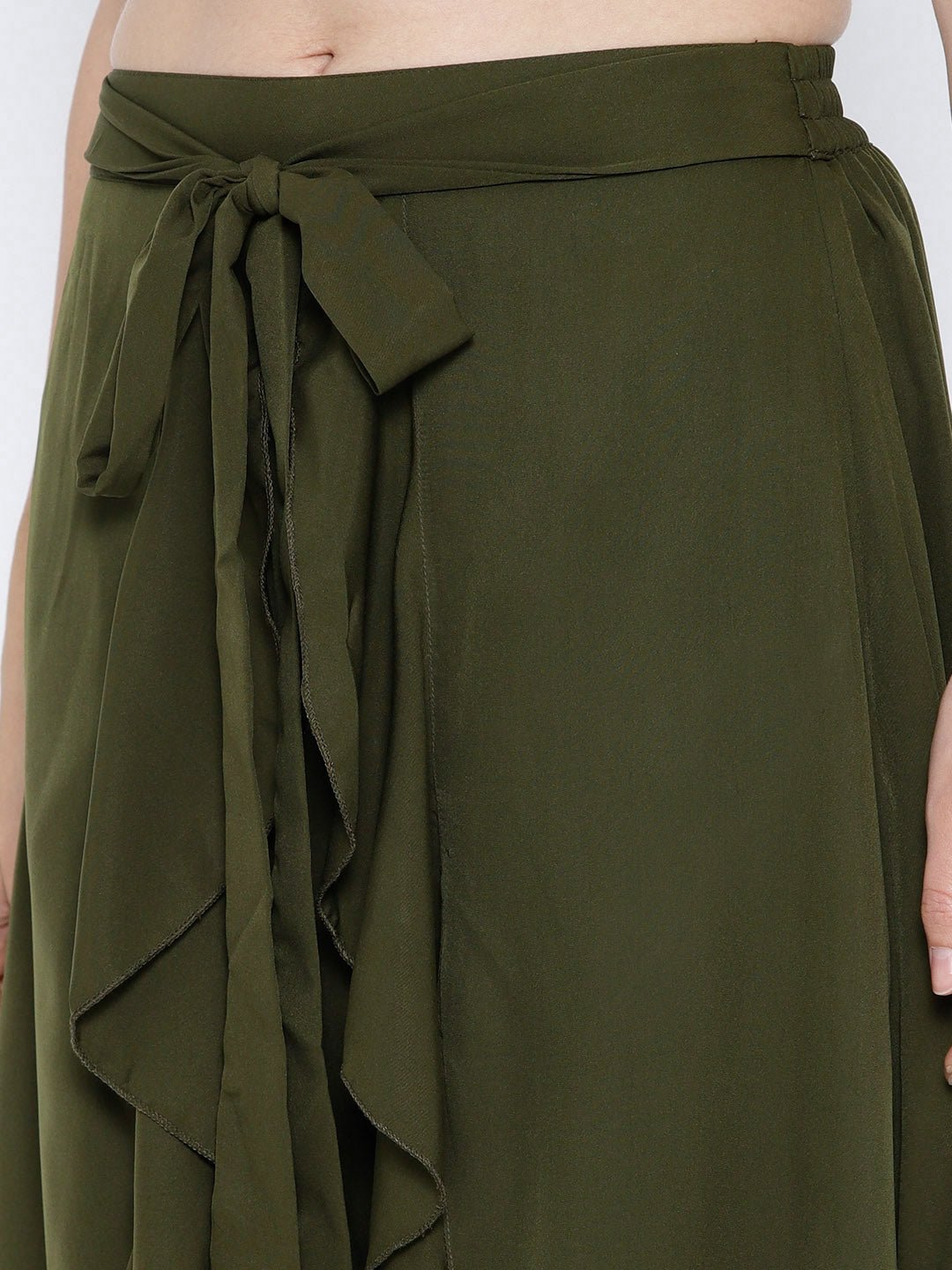 Folk Republic Women Solid Olive Green Waist Tie-Up Ruffled Maxi Skirt with Attached Trousers - #folk republic#