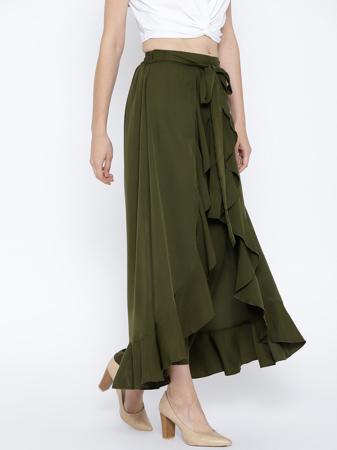 Folk Republic Women Solid Olive Green Waist Tie-Up Ruffled Maxi Skirt with Attached Trousers - #folk republic#