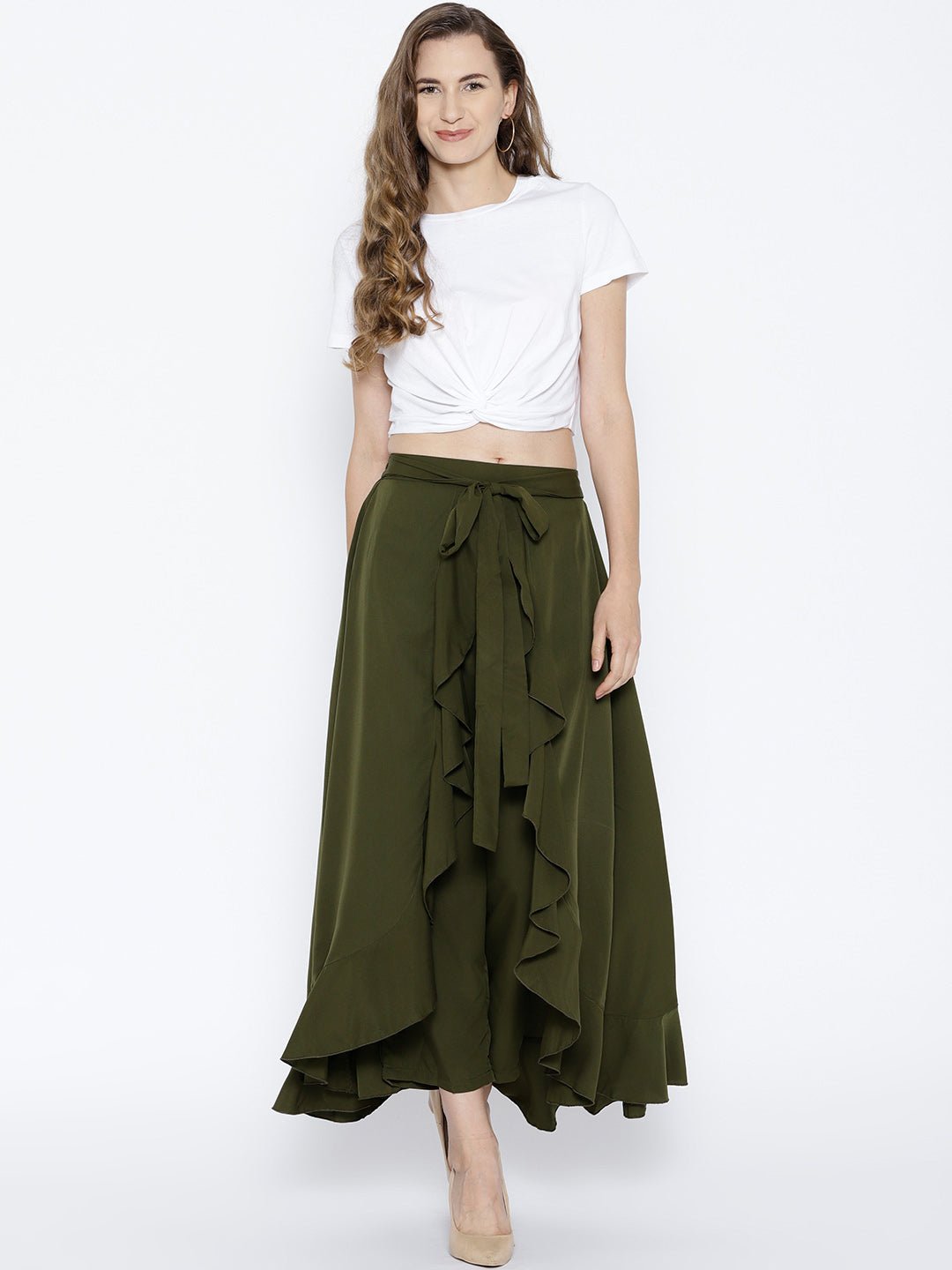 Folk Republic Women Solid Olive Green Waist Tie-Up Ruffled Maxi Skirt with Attached Trousers - #folk republic#