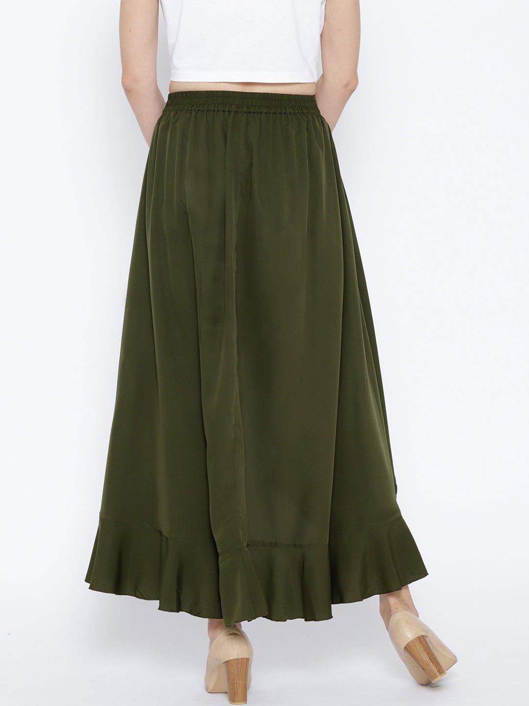Folk Republic Women Solid Olive Green Waist Tie-Up Ruffled Maxi Skirt with Attached Trousers - #folk republic#