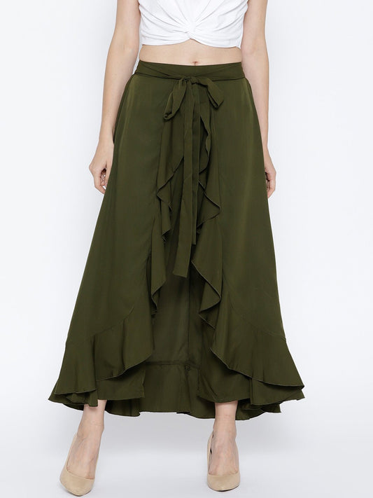 Folk Republic Women Solid Olive Green Waist Tie-Up Ruffled Maxi Skirt with Attached Trousers - #folk republic#