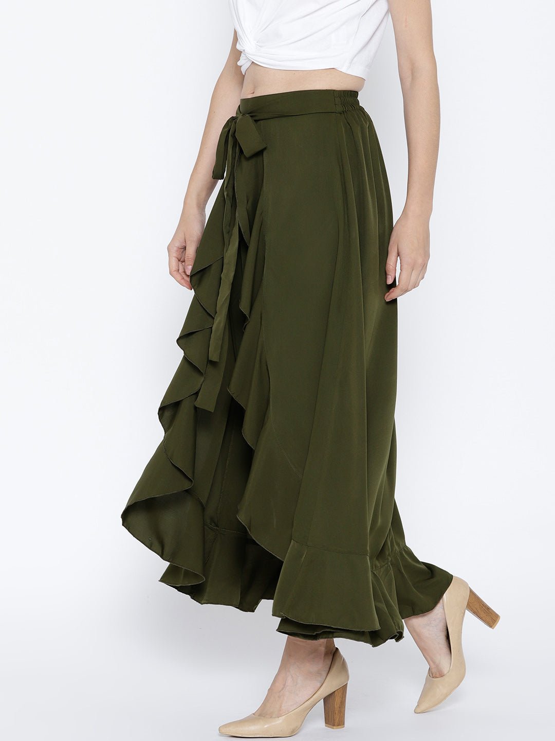 Folk Republic Women Solid Olive Green Waist Tie-Up Ruffled Maxi Skirt with Attached Trousers - #folk republic#