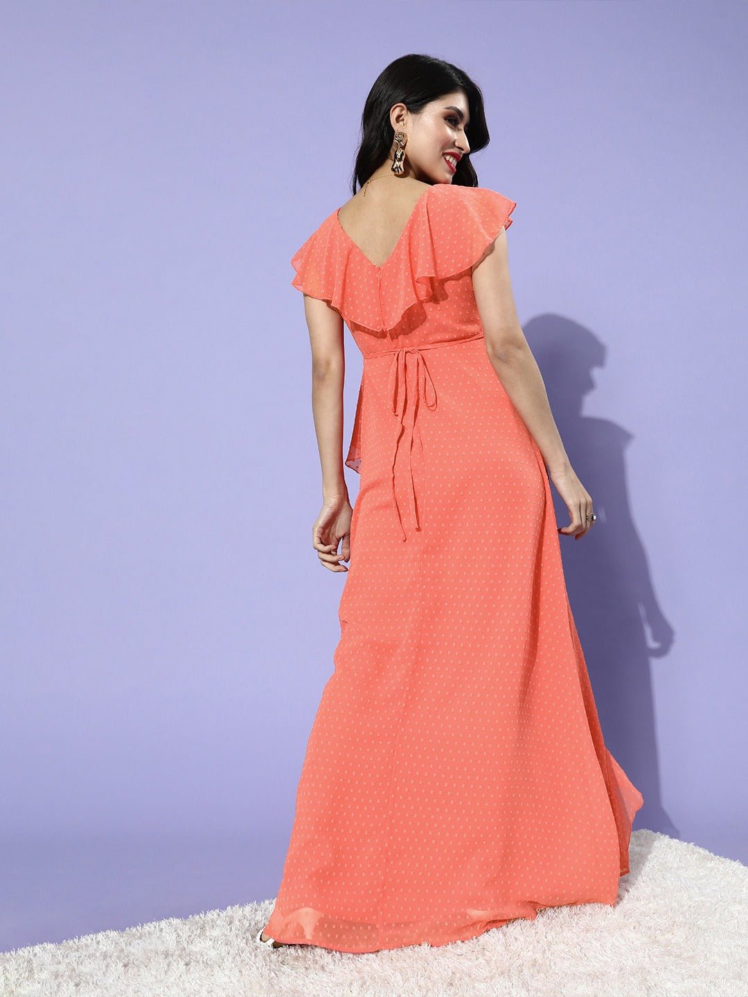 Folk Republic Women Solid Peach Dobby Weave V-Neck Waist Tie-Up Flared Wrap Maxi Dress - #folk republic#