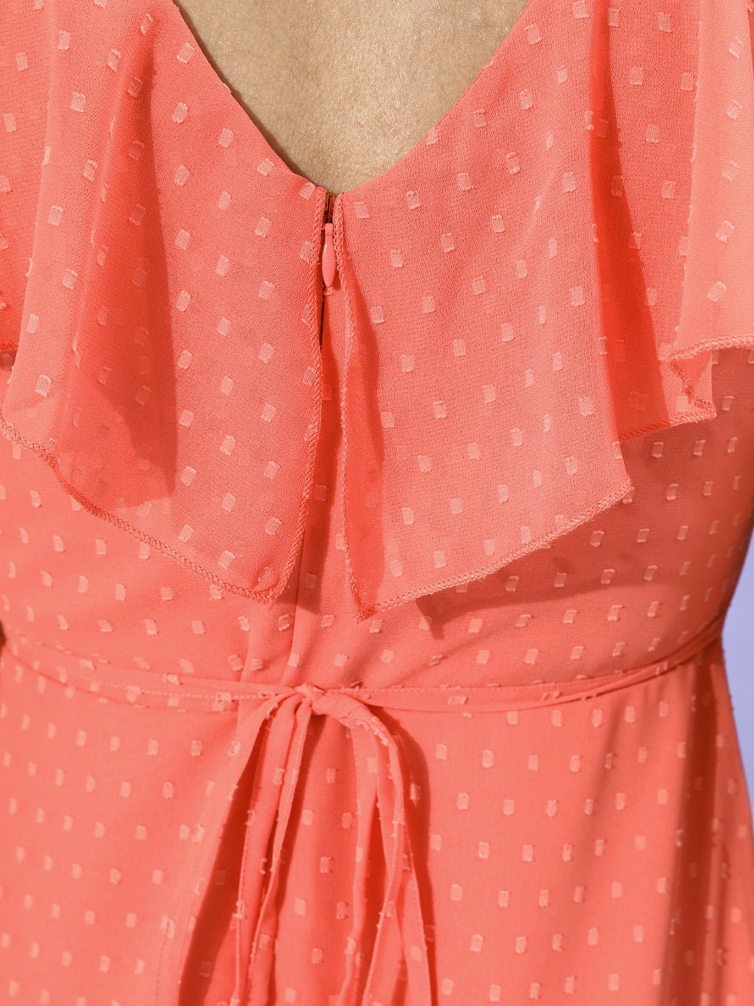 Folk Republic Women Solid Peach Dobby Weave V-Neck Waist Tie-Up Flared Wrap Maxi Dress - #folk republic#