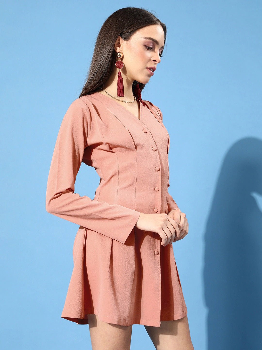 Folk Republic Women Solid Peach Front Button Crepe Shirt Mini Dress - #folk republic#