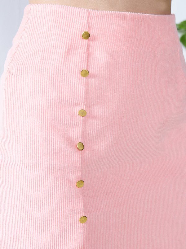 Folk Republic Women Solid Peach High-Rise Waist Corduroy Straight Hem Golden Embellished Pencil Mini Skirt - #folk republic#
