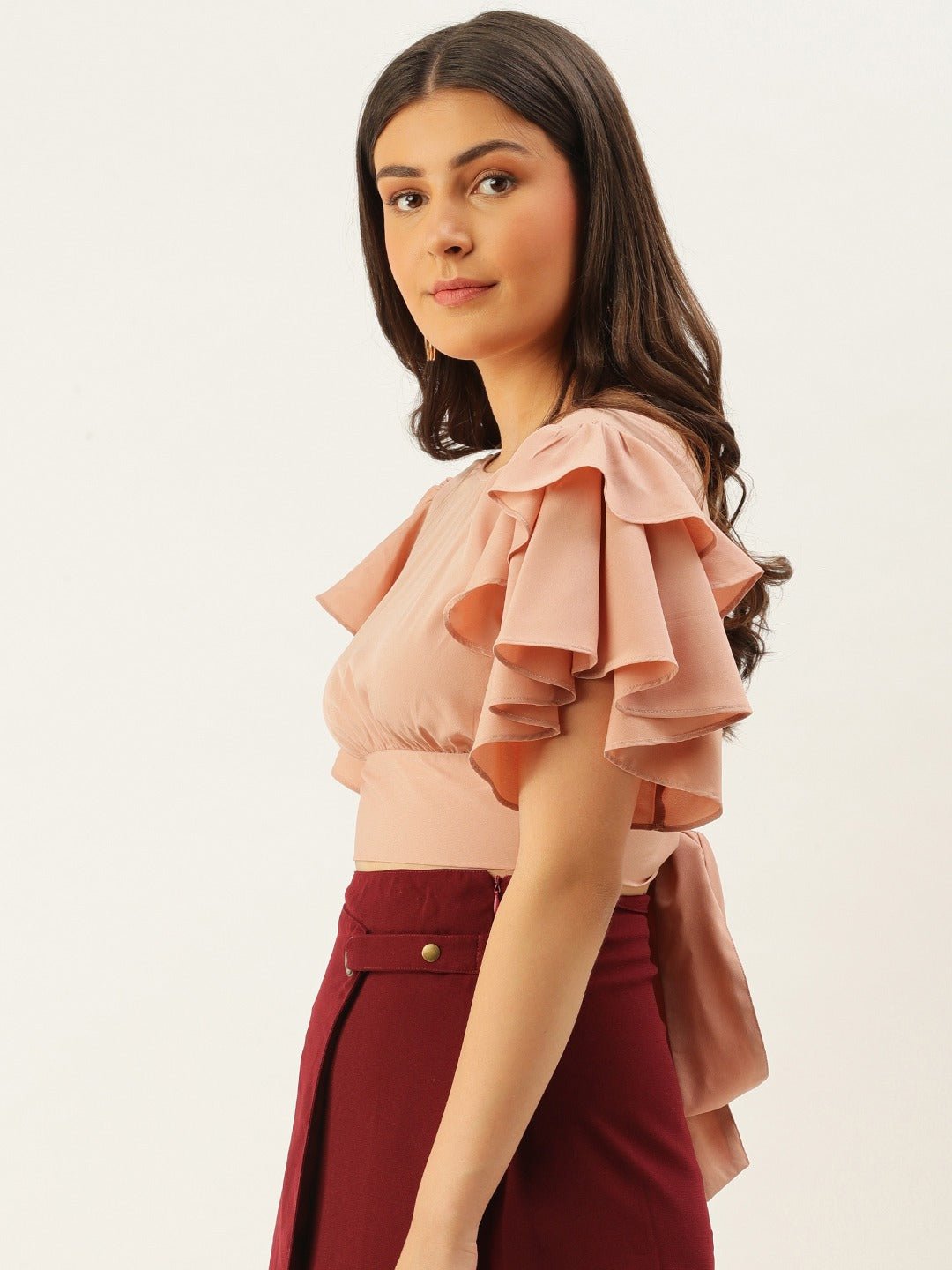 Folk Republic Women Solid Peach Open-Back Blouson Crop Top - #folk republic#