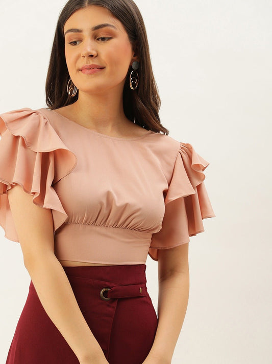 Folk Republic Women Solid Peach Open-Back Blouson Crop Top - #folk republic#