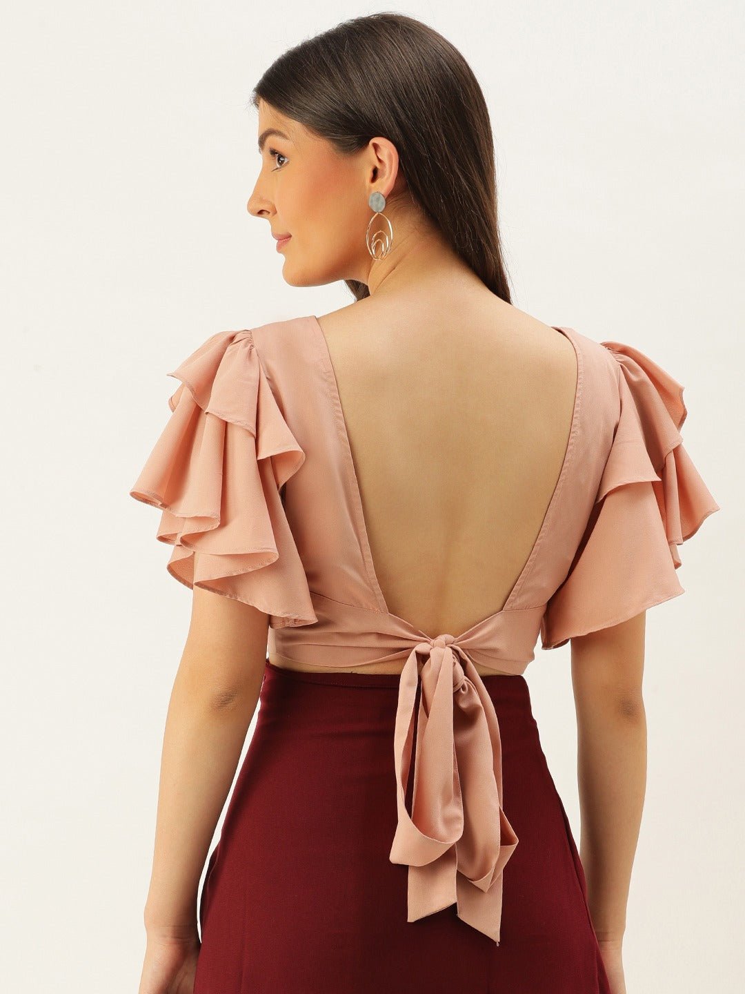 Folk Republic Women Solid Peach Open-Back Blouson Crop Top - #folk republic#