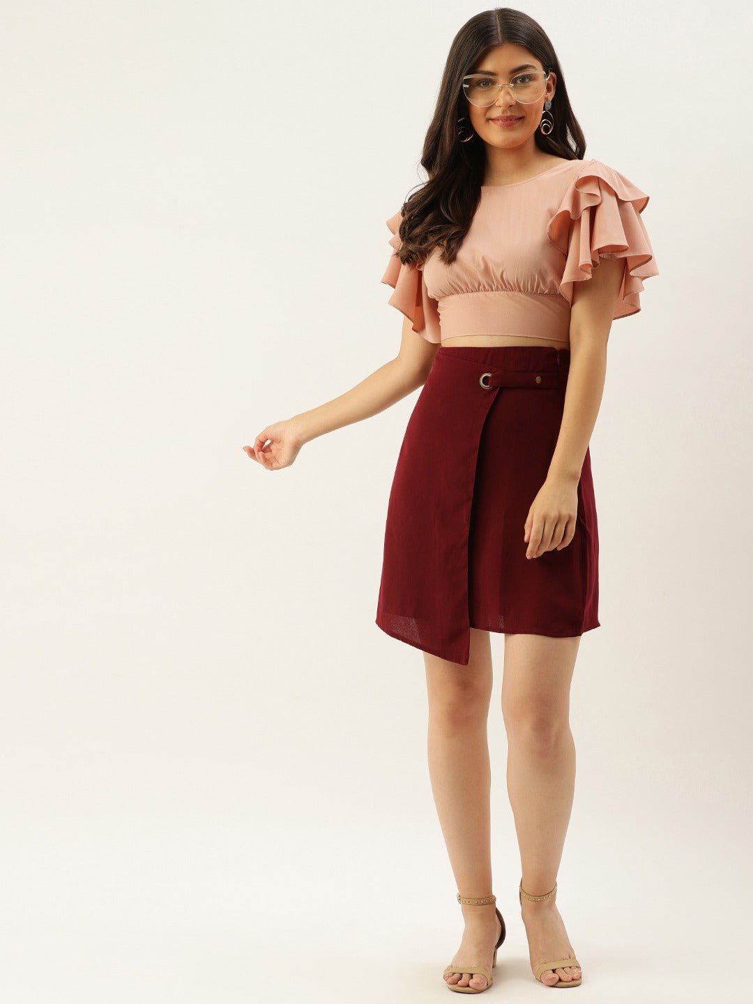 Folk Republic Women Solid Peach Open-Back Blouson Crop Top - #folk republic#
