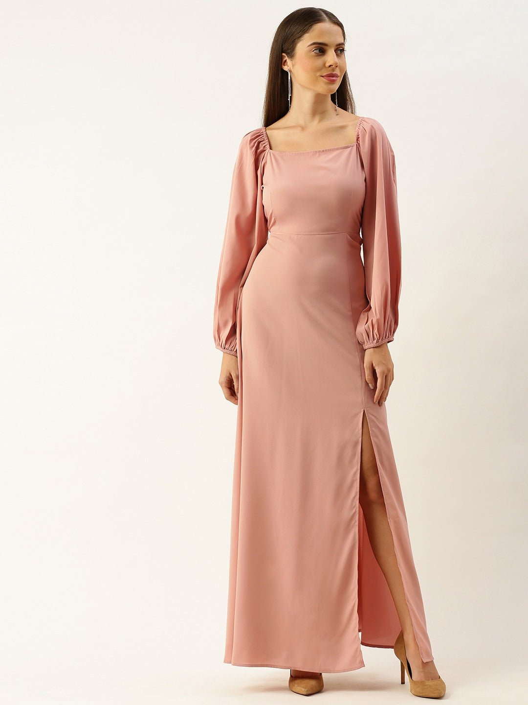 Folk Republic Women Solid Peach Square Neck Slim-Fit Maxi Dress - #folk republic#