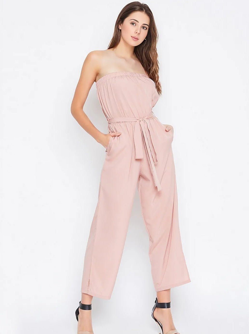 Folk Republic Women Solid Peach Strapless Off-Shoulder Waist Tie-Up Basic Jumpsuit - #folk republic#