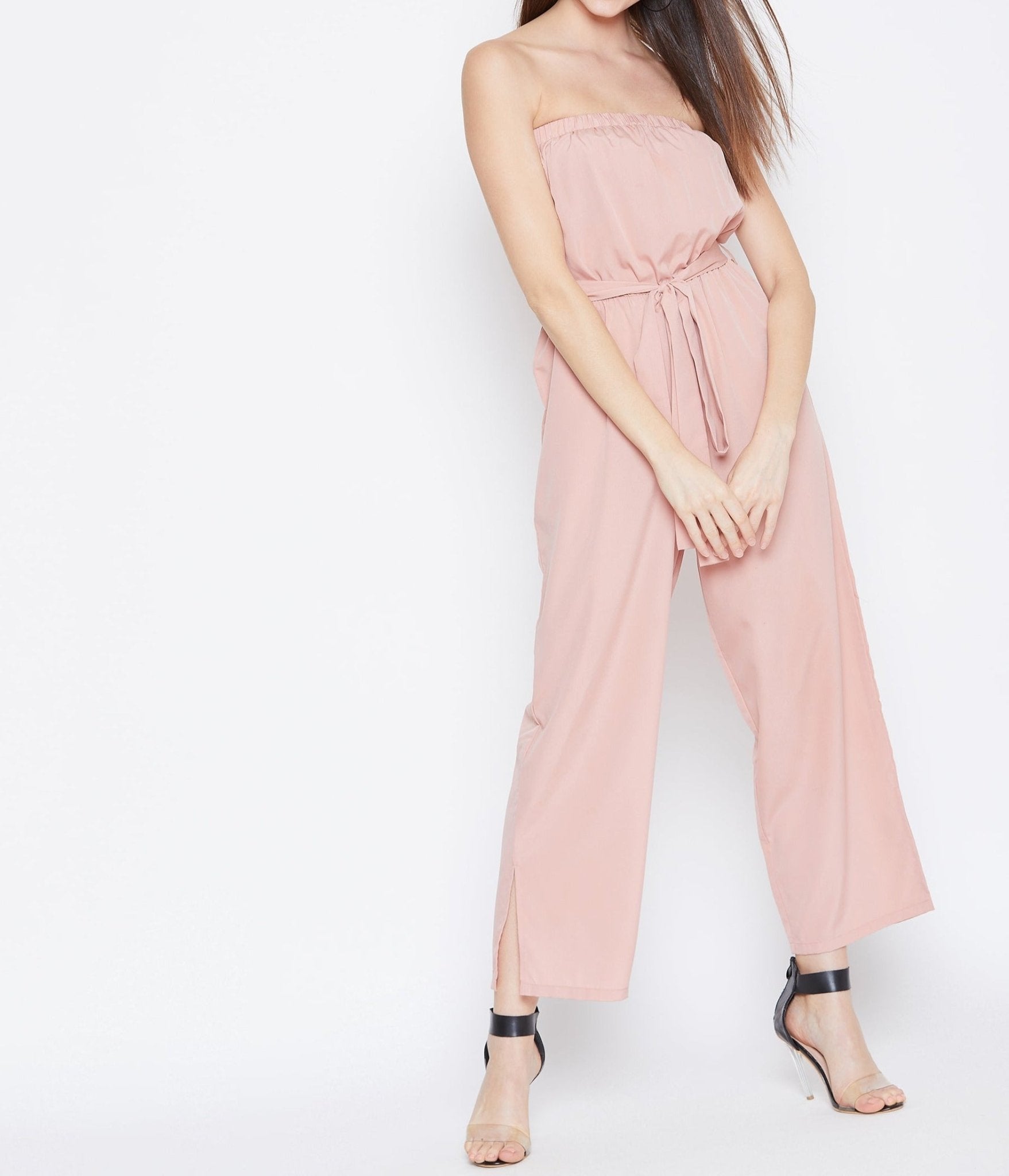 Folk Republic Women Solid Peach Strapless Off-Shoulder Waist Tie-Up Basic Jumpsuit - #folk republic#