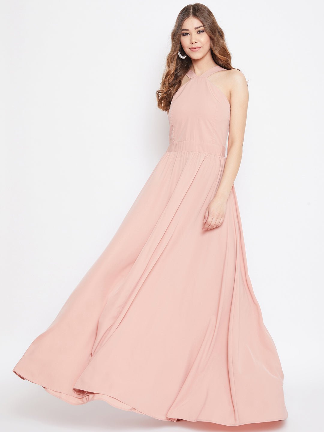 Folk Republic Women Solid Pink Blush Halter Neck Flared Maxi Dress - #folk republic#