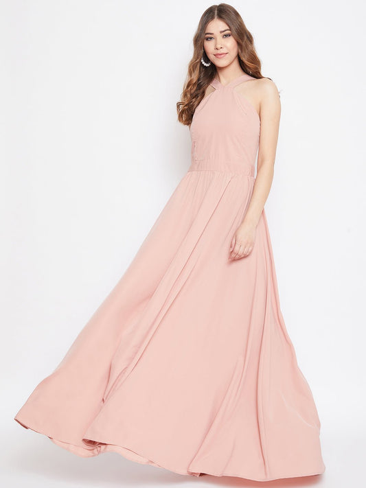 Folk Republic Women Solid Pink Blush Halter Neck Flared Maxi Dress - #folk republic#