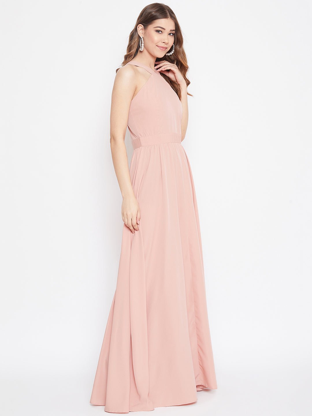 Folk Republic Women Solid Pink Blush Halter Neck Flared Maxi Dress - #folk republic#