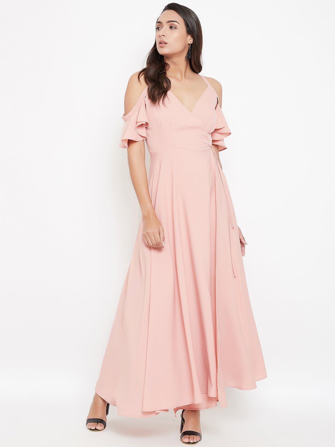 Folk Republic Women Solid Pink Blush V-Neck Cold-Shoulder Maxi Dress - #folk republic#