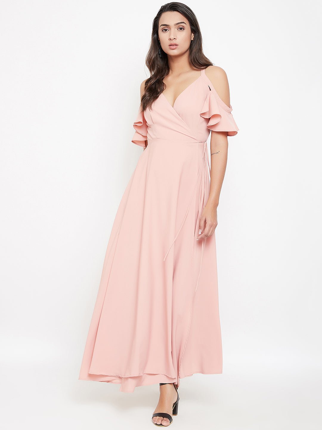 Folk Republic Women Solid Pink Blush V-Neck Cold-Shoulder Maxi Dress - #folk republic#
