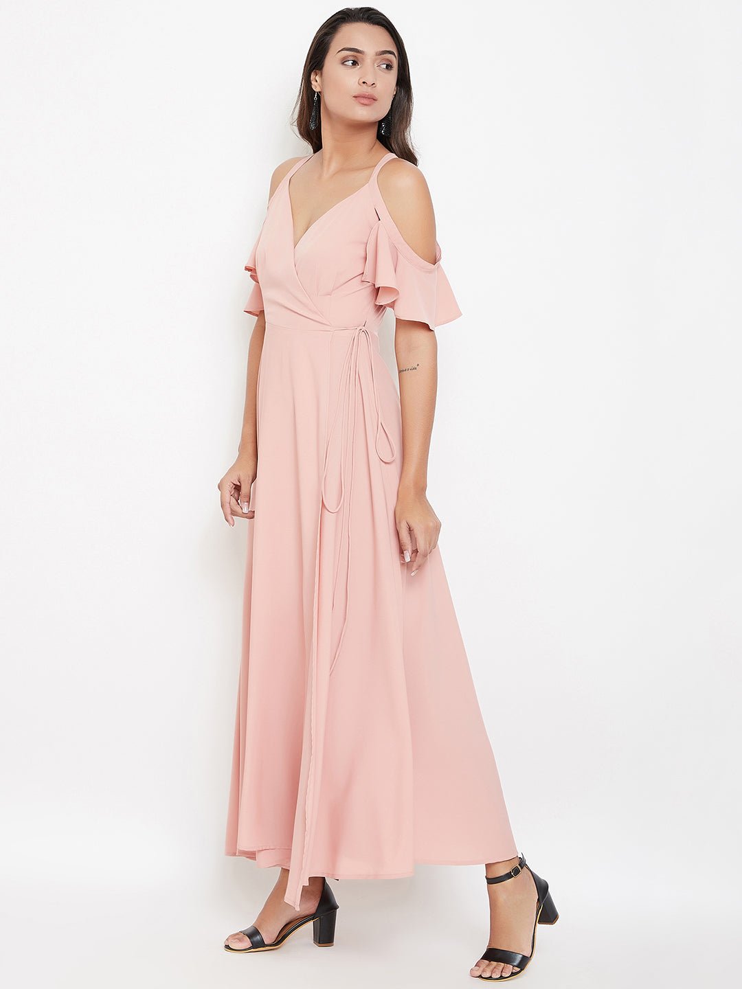 Folk Republic Women Solid Pink Blush V-Neck Cold-Shoulder Maxi Dress - #folk republic#