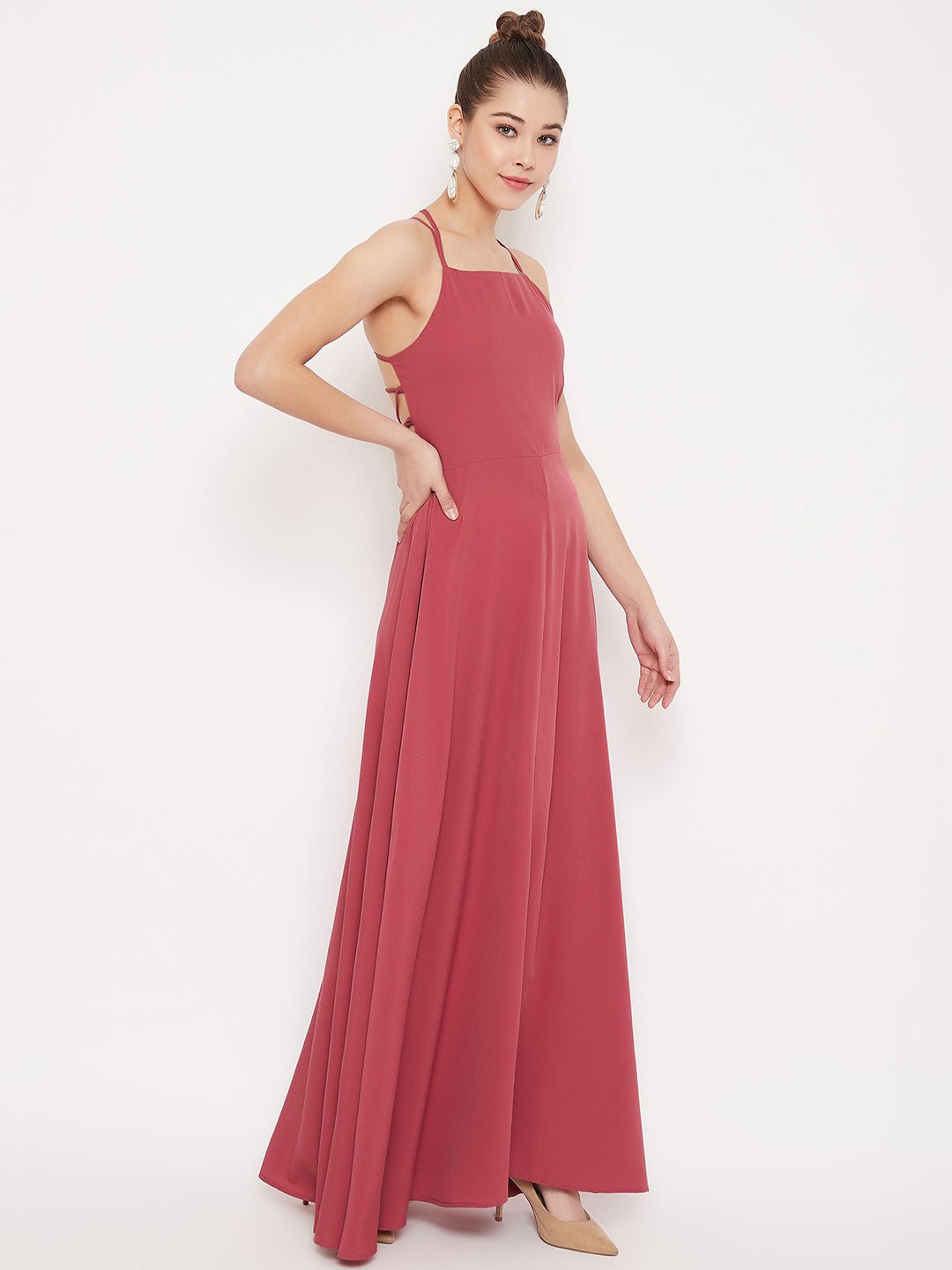 Folk Republic Women Solid Pink Caged Back Halter Neck Maxi Dress - #folk republic#