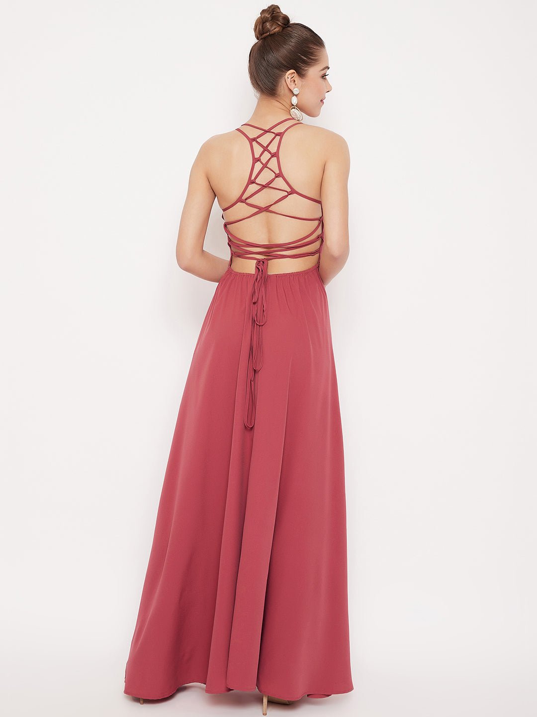 Folk Republic Women Solid Pink Caged Back Halter Neck Maxi Dress - #folk republic#
