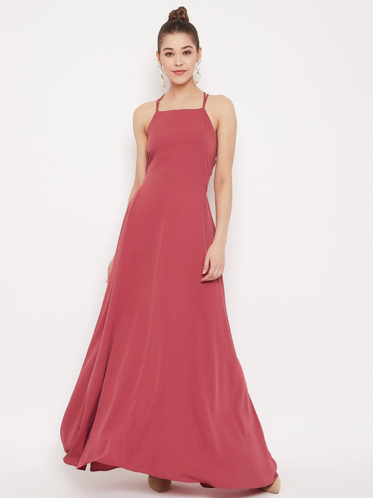 Folk Republic Women Solid Pink Caged Back Halter Neck Maxi Dress - #folk republic#
