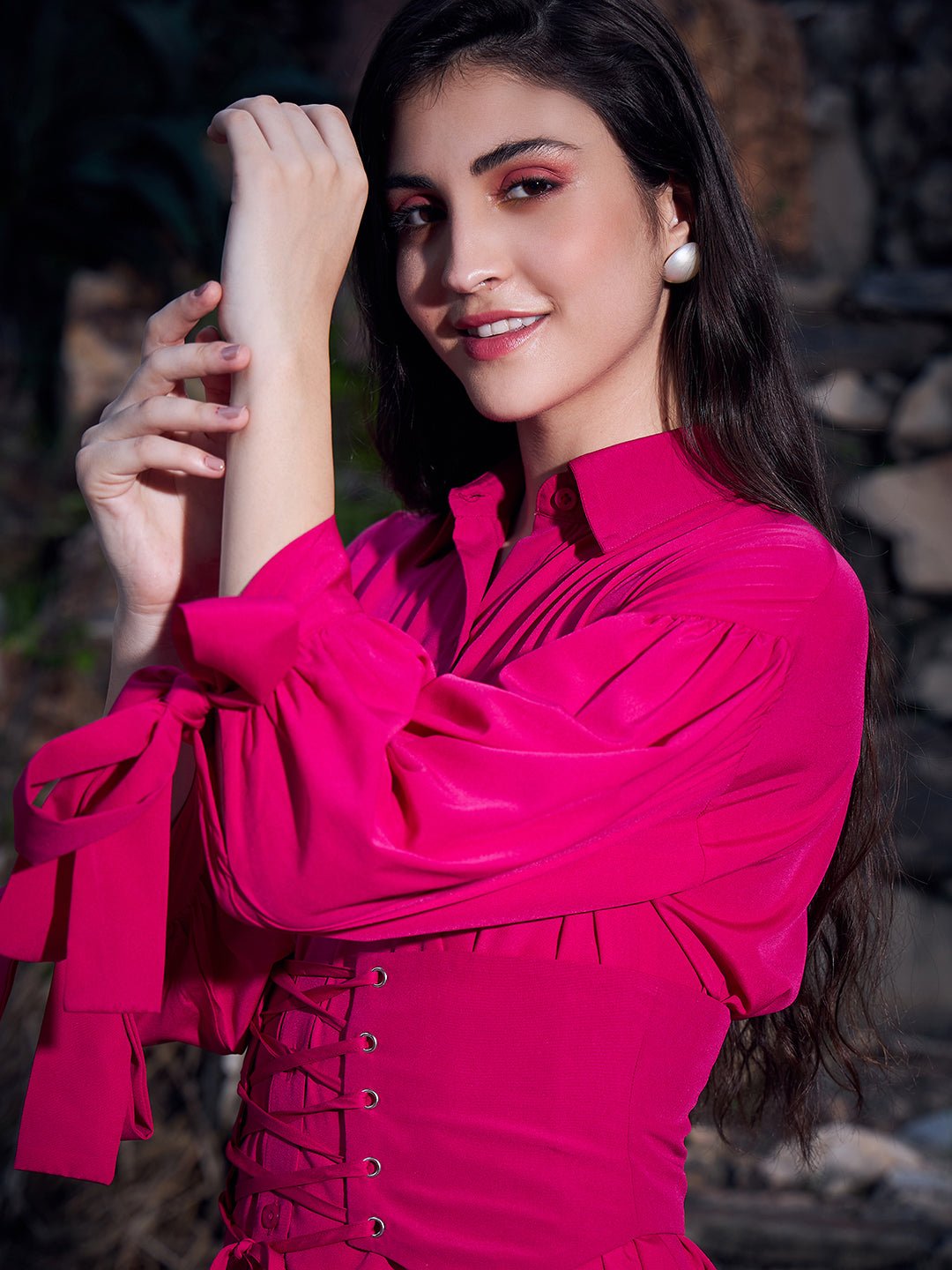 Folk Republic Women Solid Pink Collar Neck Waist Tie-Up Corset Curved Hem Mini Shirt Dress - #folk republic#