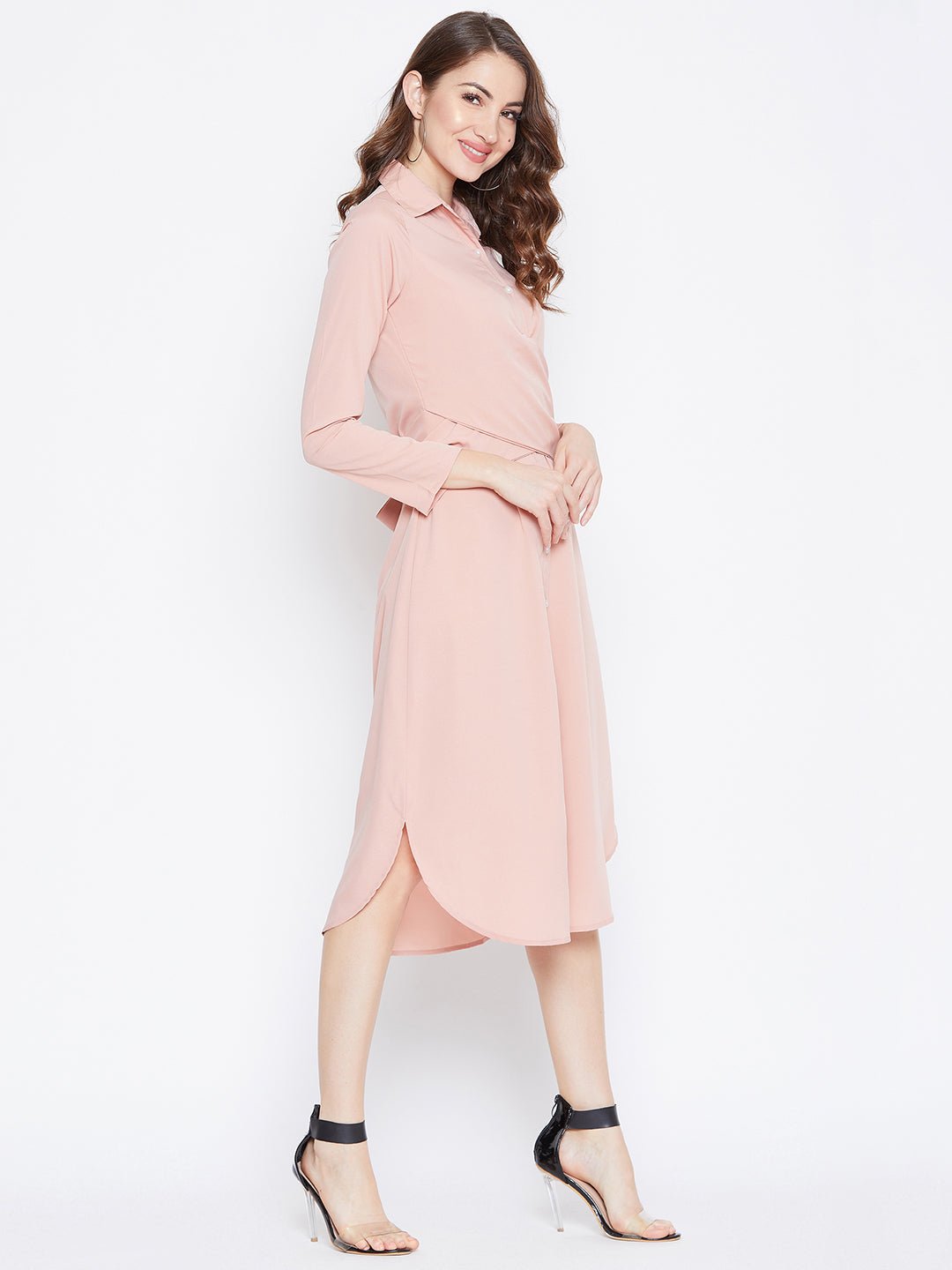 Folk Republic Women Solid Pink Collared Neck Button-Up Curved Midi Shirt Dress - #folk republic#