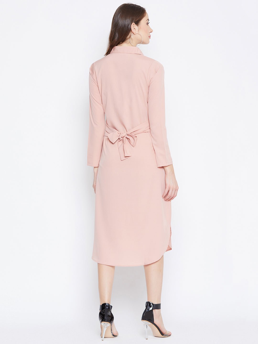 Folk Republic Women Solid Pink Collared Neck Button-Up Curved Midi Shirt Dress - #folk republic#