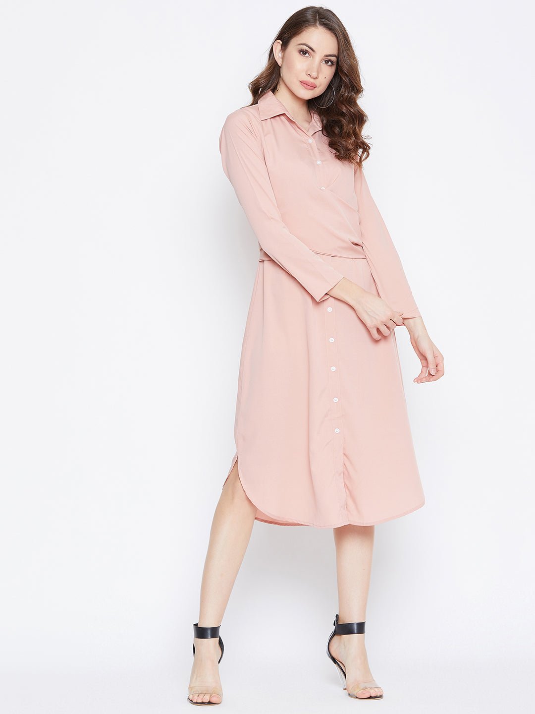 Folk Republic Women Solid Pink Collared Neck Button-Up Curved Midi Shirt Dress - #folk republic#