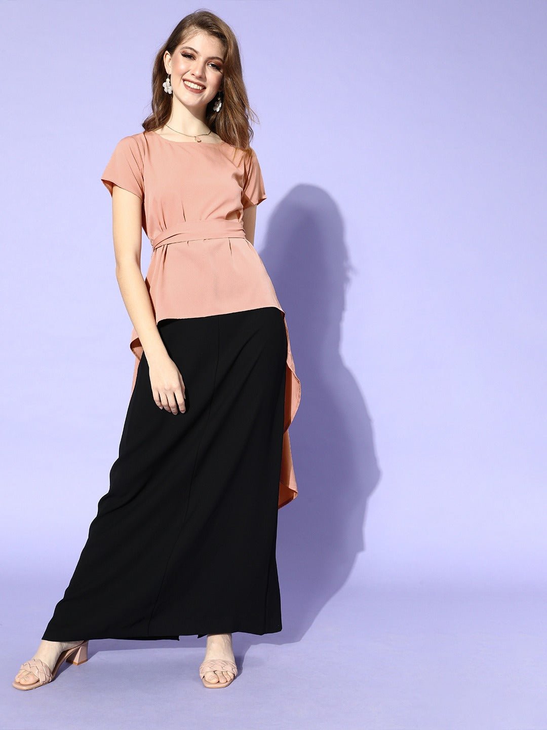 Folk Republic Women Solid Pink Crepe Waist Tie-ups High-Low Top - #folk republic#