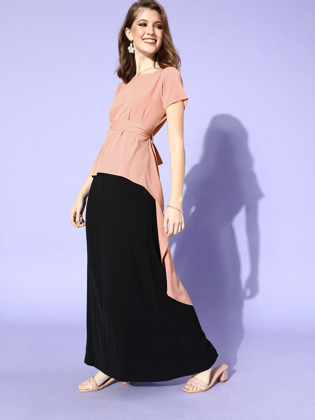 Folk Republic Women Solid Pink Crepe Waist Tie-ups High-Low Top - #folk republic#