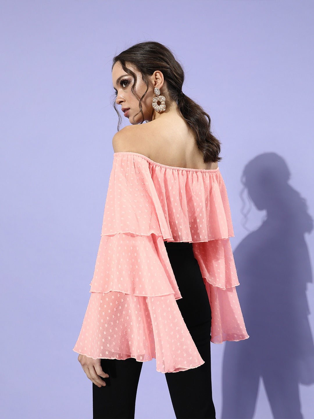 Folk Republic Women Solid Pink Dobby Weave Off-Shoulder Neck Sheer Georgette Ruffled Crop Top - #folk republic#