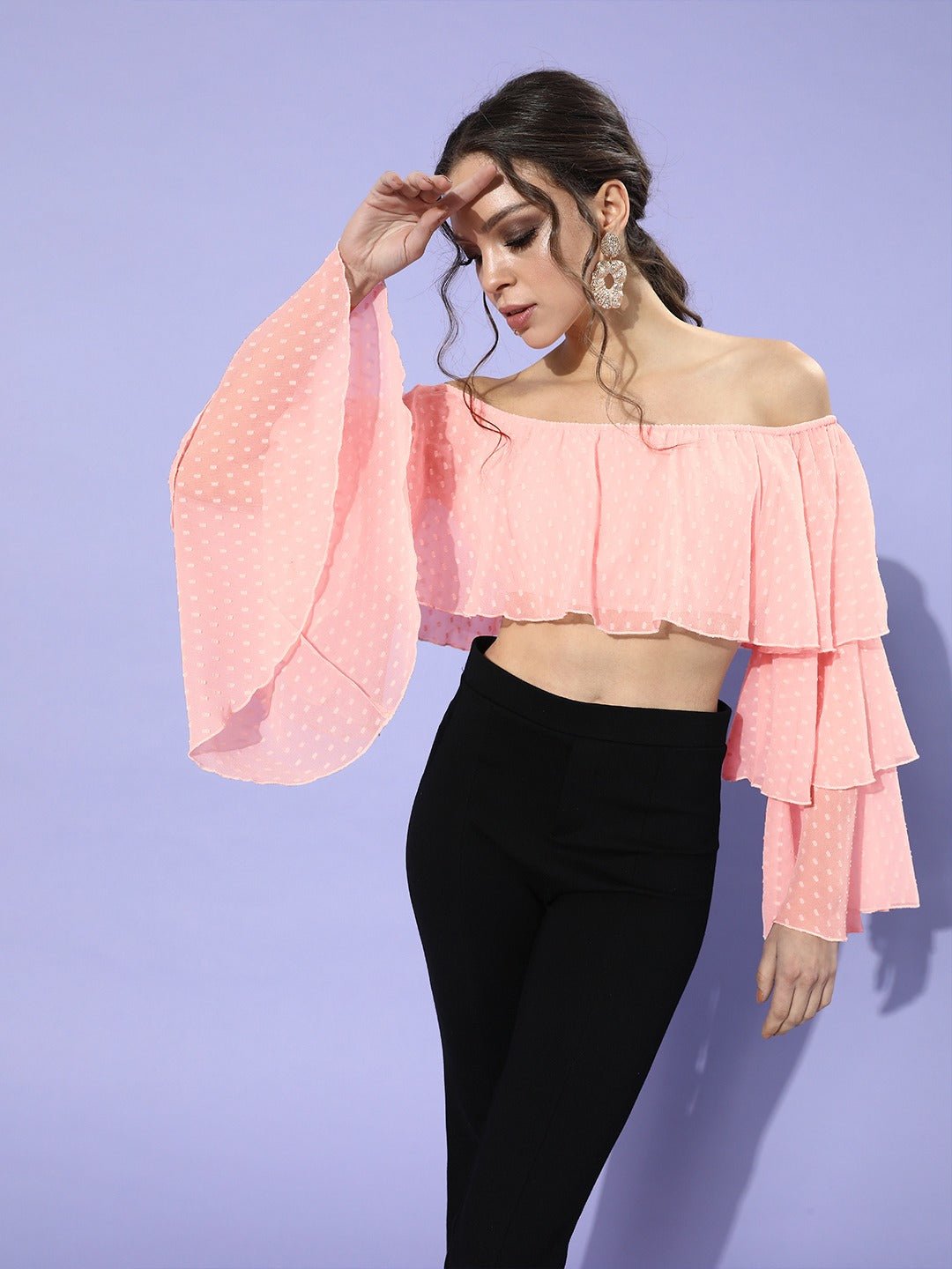 Folk Republic Women Solid Pink Dobby Weave Off-Shoulder Neck Sheer Georgette Ruffled Crop Top - #folk republic#