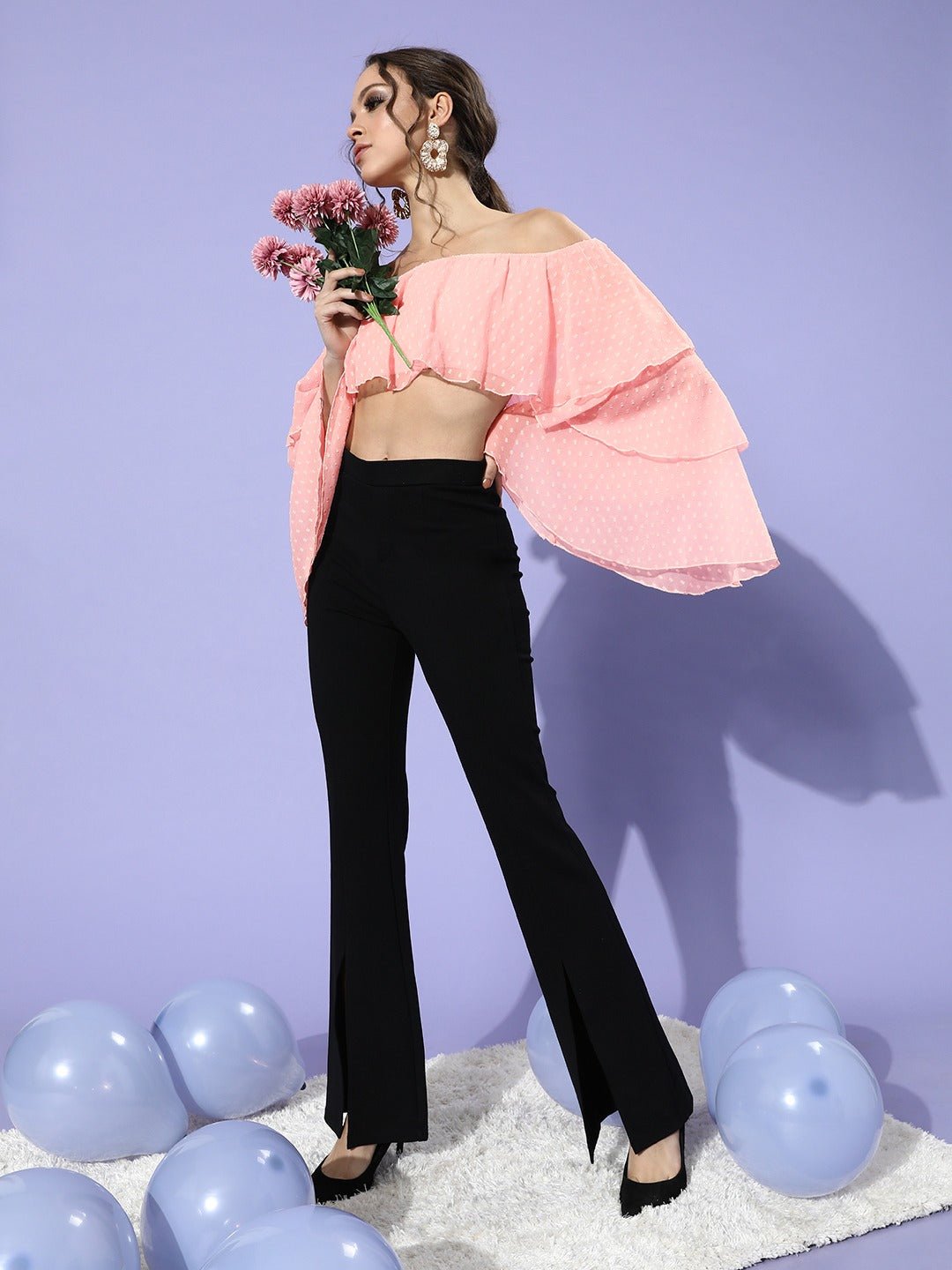Folk Republic Women Solid Pink Dobby Weave Off-Shoulder Neck Sheer Georgette Ruffled Crop Top - #folk republic#