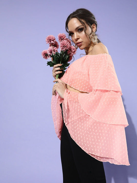 Folk Republic Women Solid Pink Dobby Weave Off-Shoulder Neck Sheer Georgette Ruffled Crop Top - #folk republic#