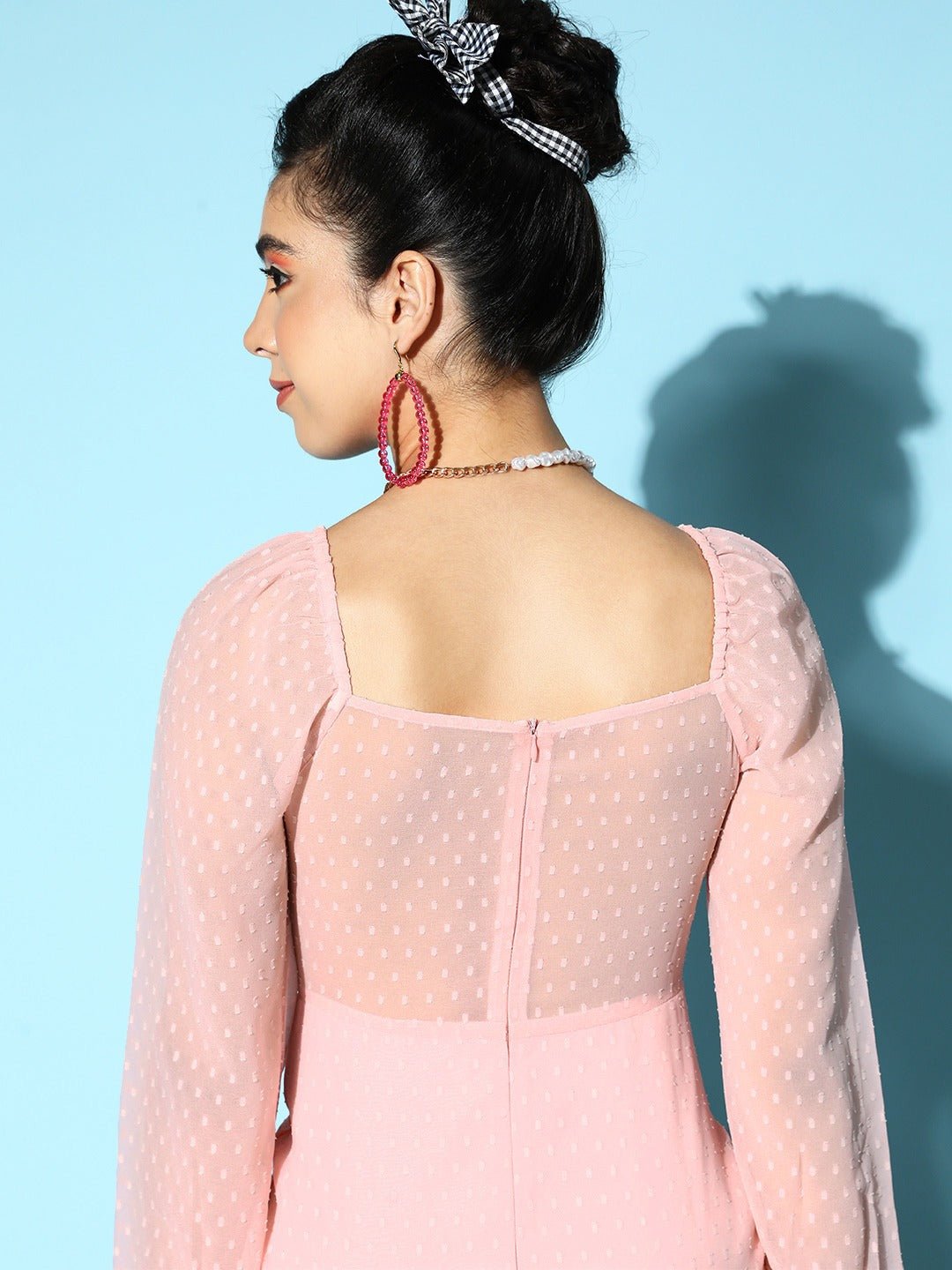 Folk Republic Women Solid Pink Dobby Weave Square Neck Front Tie-Up Flounce Hem Ruched Bodycon Mini Dress - #folk republic#